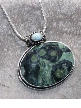 African Kambaba Jasper, Larimar Gemstone 925 Sterling Silver Pendant Necklace
